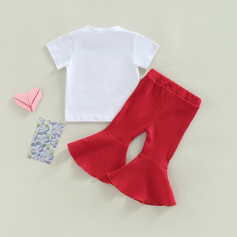 Wholesale Cotton Short-sleeved Letter Tops and Flared Pants Two-piece Set