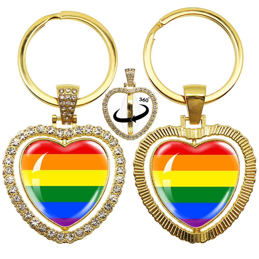 Wholesale LGBT Rainbow Rhinestone Heart Shaped 360 Degree Rotating Double Sided Metal Keychain