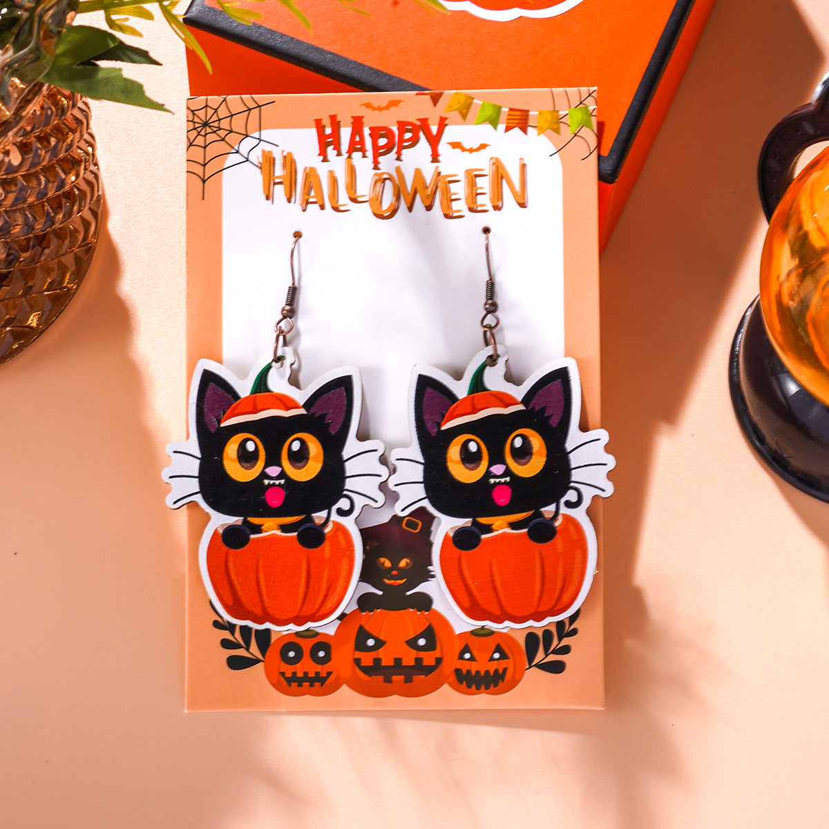 Wholesale Halloween Theme Funny Creative Cartoon Wooden Pumpkin Spider Kitten Earrings