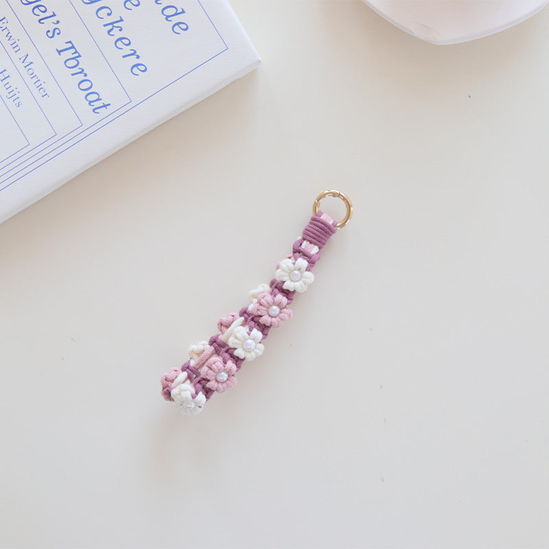 Wholesale Hand Woven Daisy Pearl Flower Cotton Rope Keychain