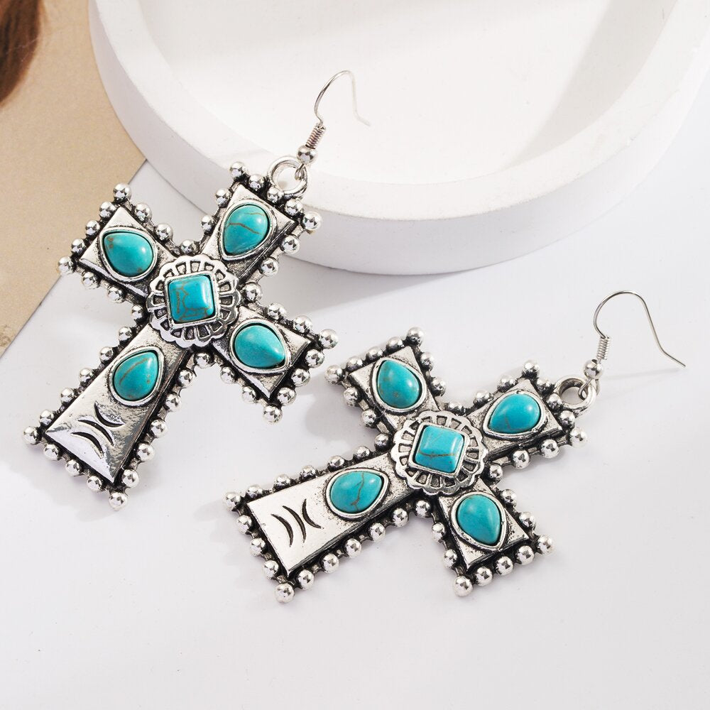 Wholesale Turquoise cross exaggerated earrings bohemian style earrings