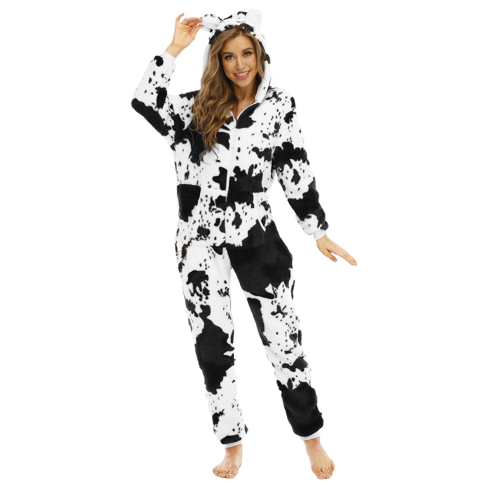 Wholesale Cow Pattern Thickened Double Sided Velvet Jumpsuit Pajamas Home Wear
