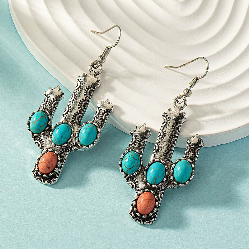 Wholesale Oval Turquoise Cactus Alloy Earrings