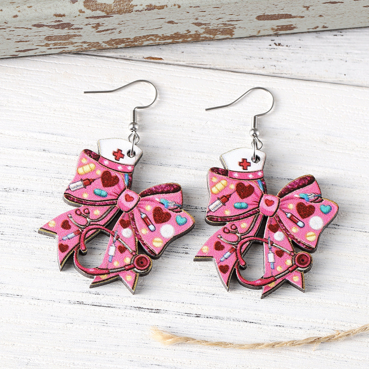 Wholesale Pink Love Nurse Hat Stethoscope Bow Pendant Wooden Earrings