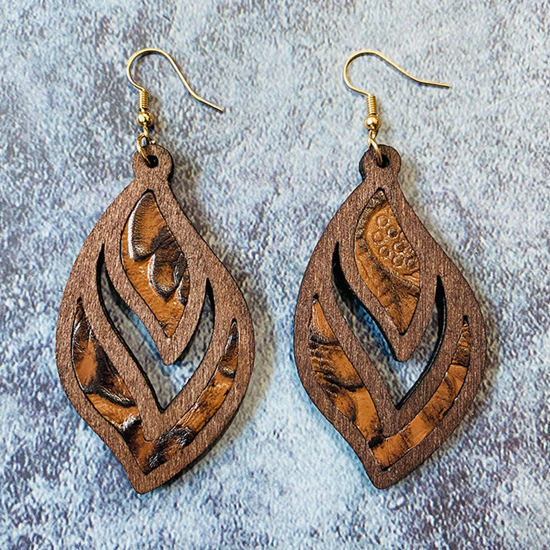 Wholesale Retro Genuine Leather Western Cowhide Embossed Inlaid Wood Geometric Hollow Earrings