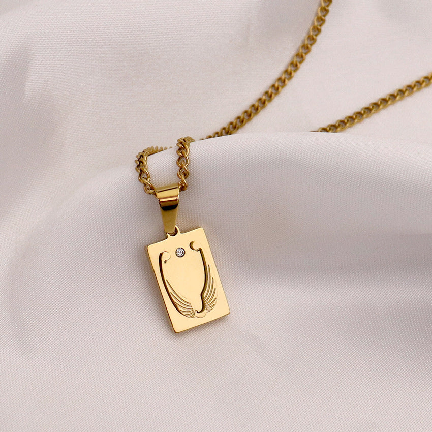 Wholesale Wings with Diamond Square Pendant Titanium Steel Golden Zircon Clavicle Chain