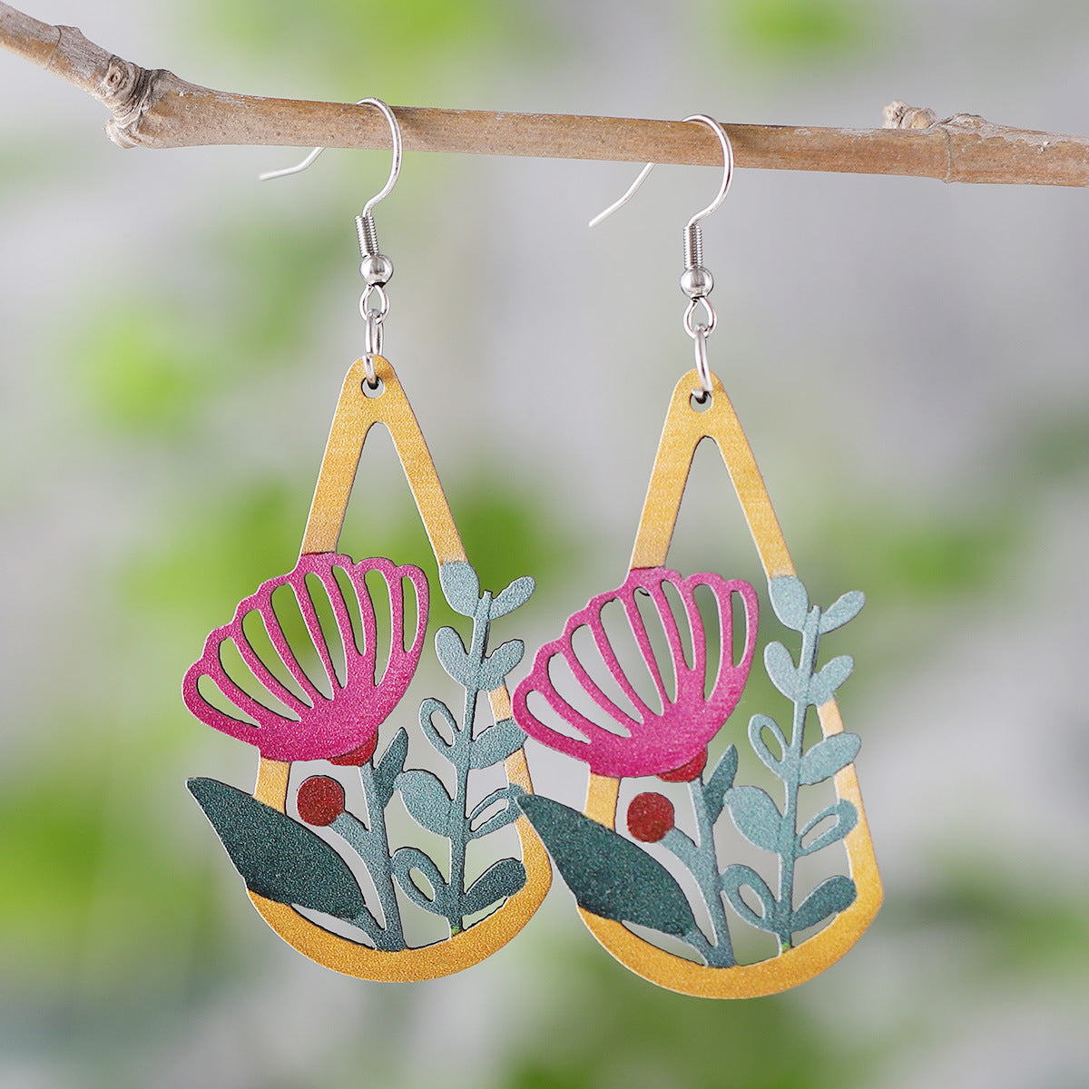 Wholesale Bohemian Color Flower  Wooden Double-Sided Earrings