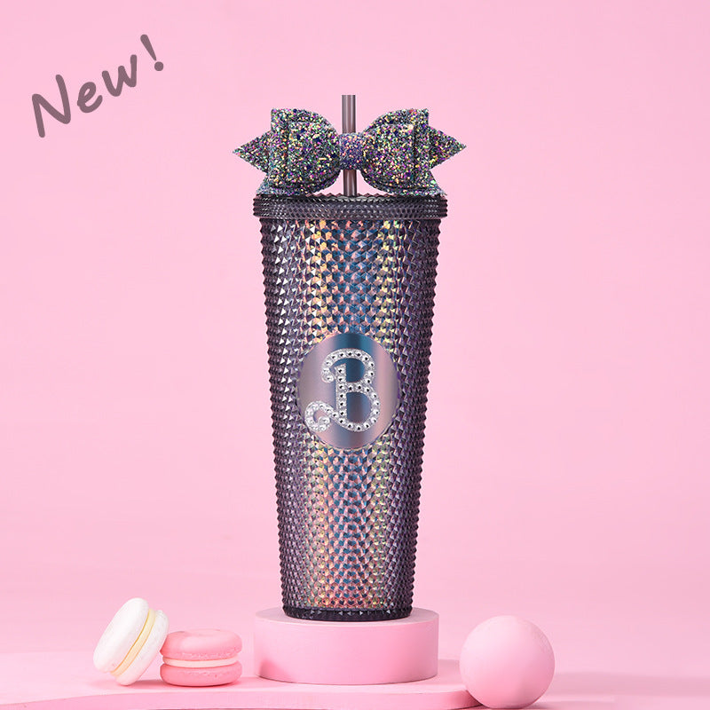 Wholesale Double-layer Plastic 710ml Large Capacity Straw Cup with Glitter Bow Tie Hand Cup Durian Cup