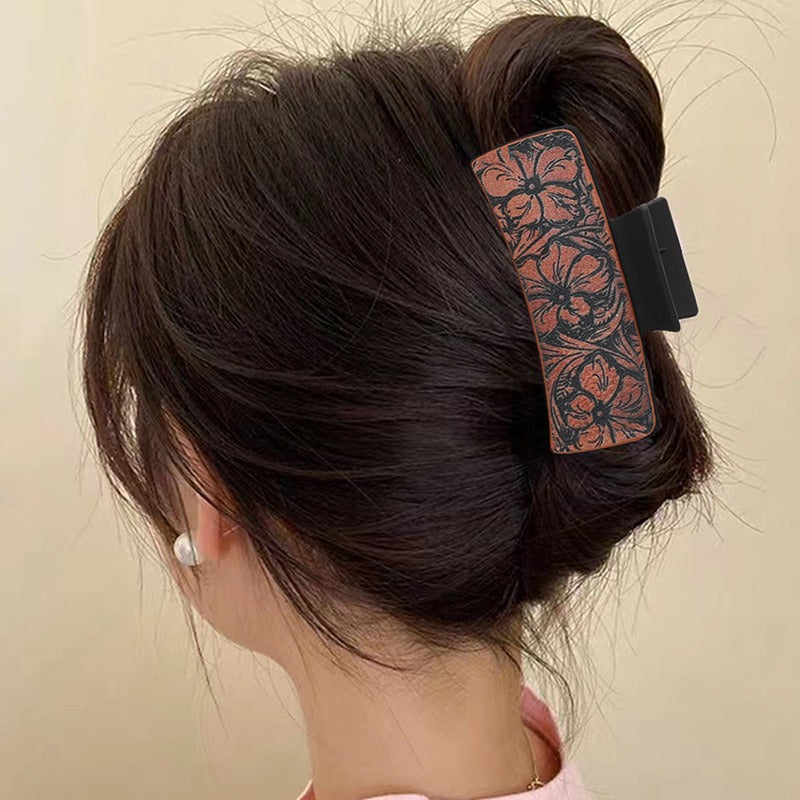 Wholesale Western Cowboy Vintage Leather Claw Clip Hair Accessory Handmade Sunflower Print Everyday Styling Gift
