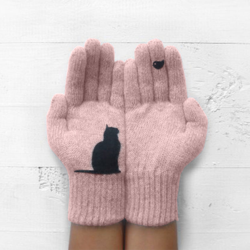 Wholesale Autumn and Winter Outdoor Warm and Cold-proof Thickened Cat and Bird Print Gloves