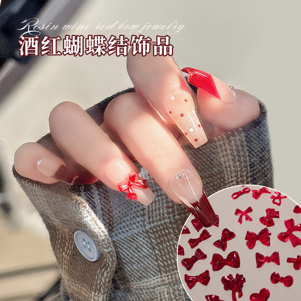 Wholesale 50pcs Bow Nail Art Accessories Burgundy Resin Frosted Mini Three-Dimensional Ribbon Butterfly Bow Tie Nail Decoration