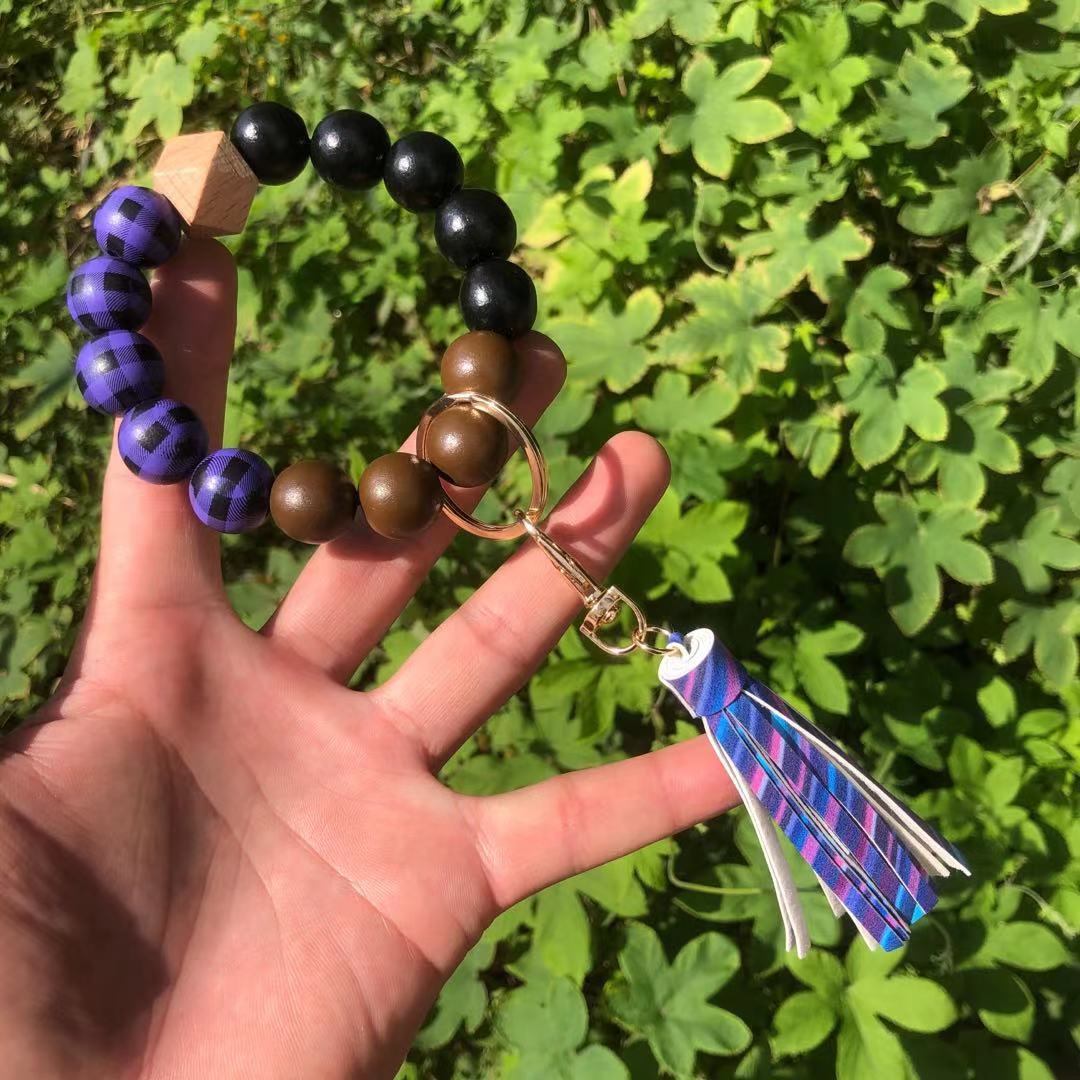 Wholesale Christmas Wooden Beads Plaid Leopard Print PU Tassel Bracelet Keychain