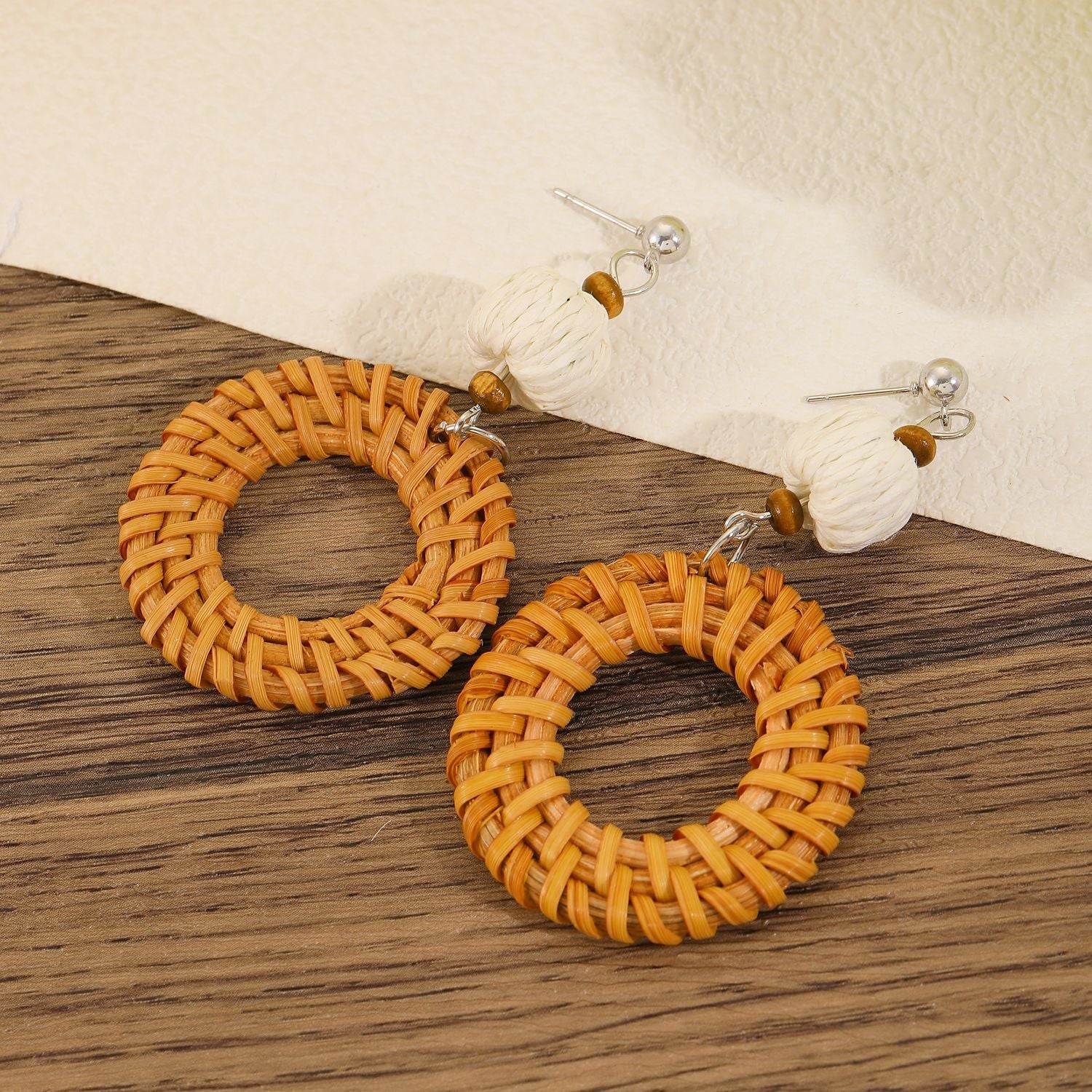 Wholesale Trendy Summer Vacation Hand Knit Raffia Flower Earrings For Women Golden Yellow Fashion Accessory Resale Gift