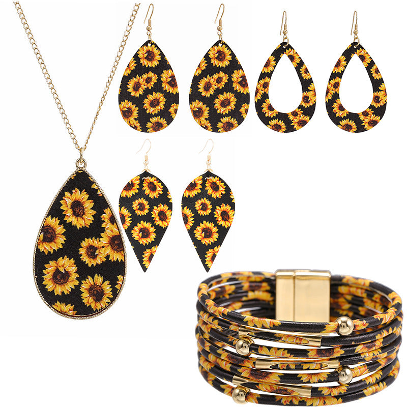 Wholesale Multilayer Leather Magnet Buckle Little Daisy Leopard Bracelet Jewelry Set