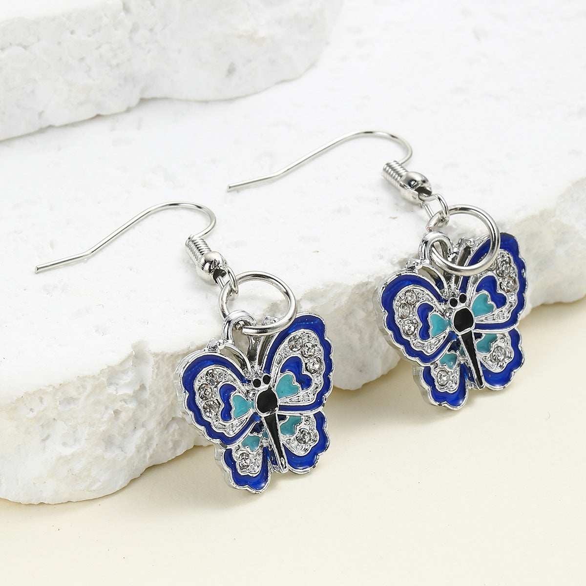 Wholesale Diamond Oil Dripping Blue Vintage Butterfly Zinc Alloy Earrings