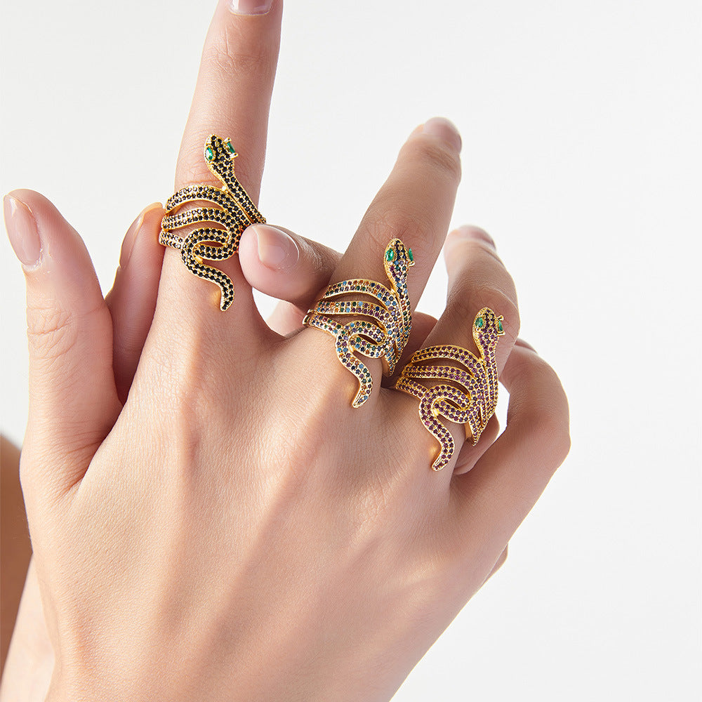 Wholesale Ins Internet Celebrity Explosive Copper Gold Plated Zircon Snake Ring Women's European and American Fashion Light Luxury All-match Cross-border Supply