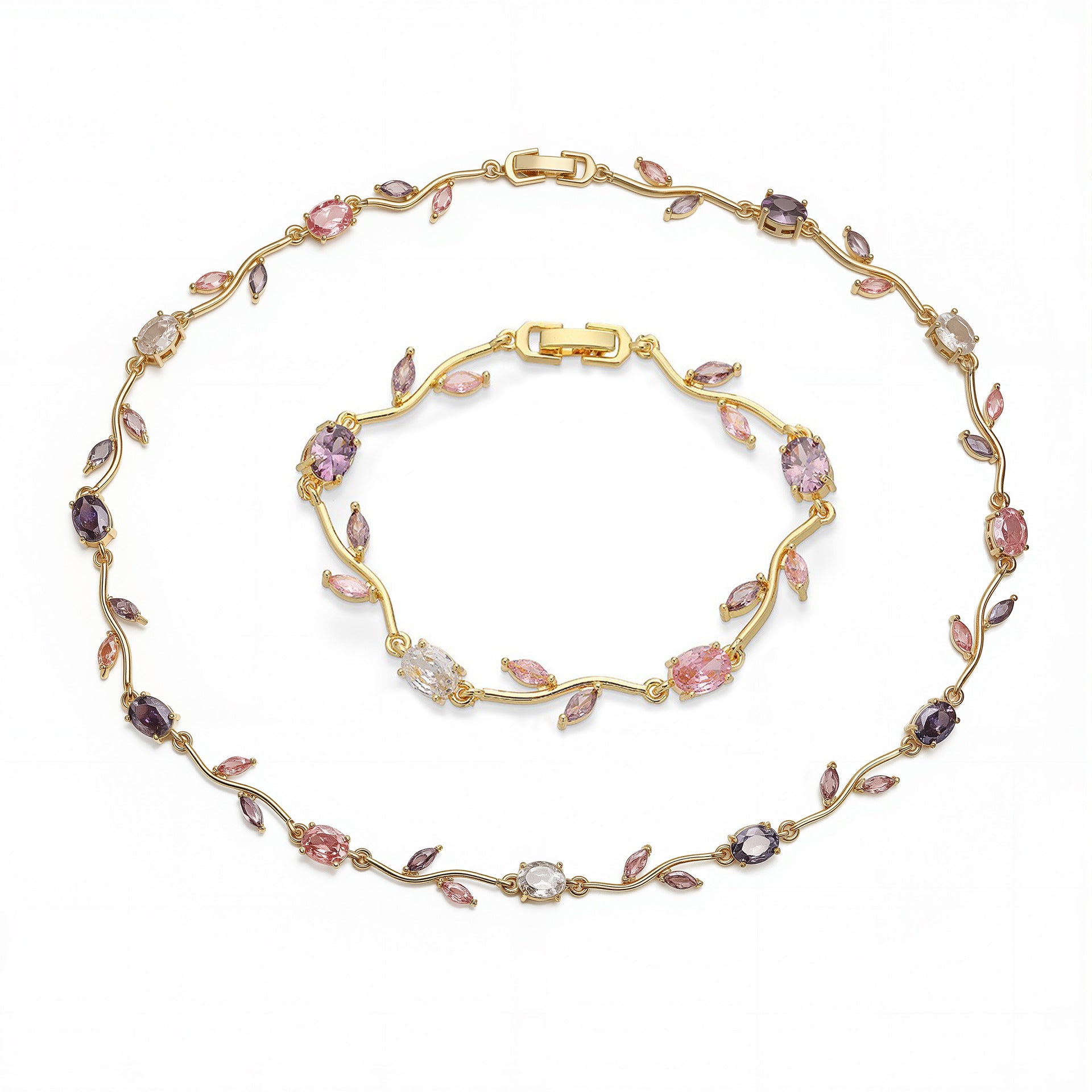 Wholesale Luxury Copper Inlaid Colored Diamond Bracelet Necklace Set