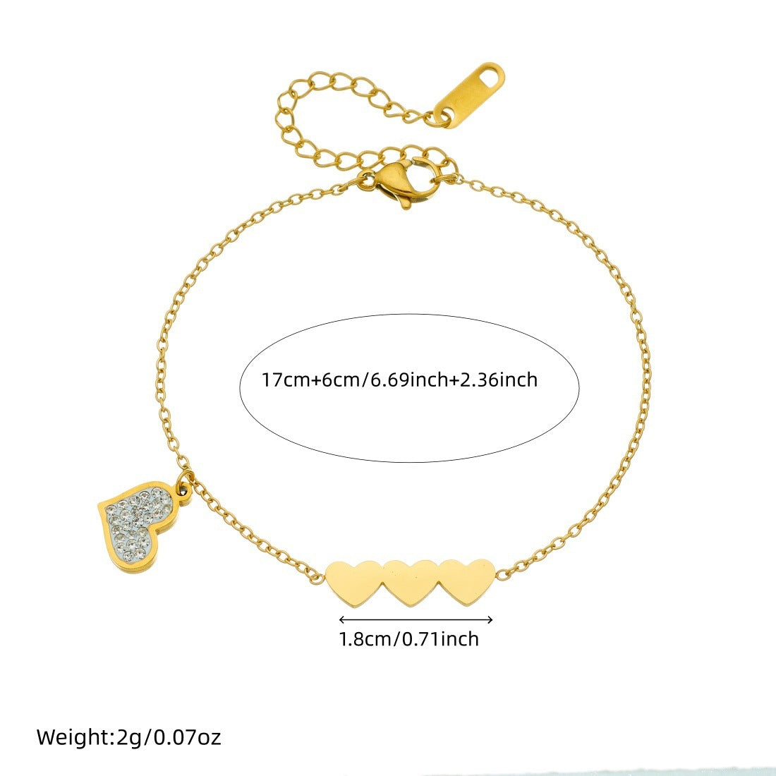 Wholesale Gold-plated Stainless Steel  with Three Heart Charms and Rhinestones Bracelet