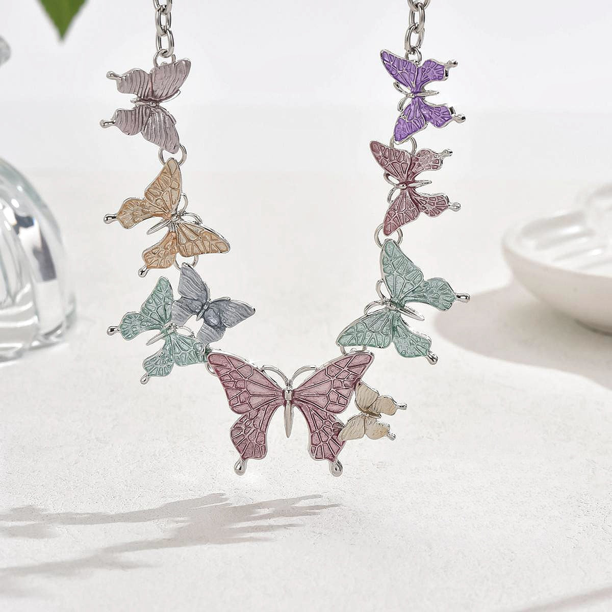 Wholesale New Colorful Butterfly Necklace Earrings Fresh and Sweet Jewelry Set