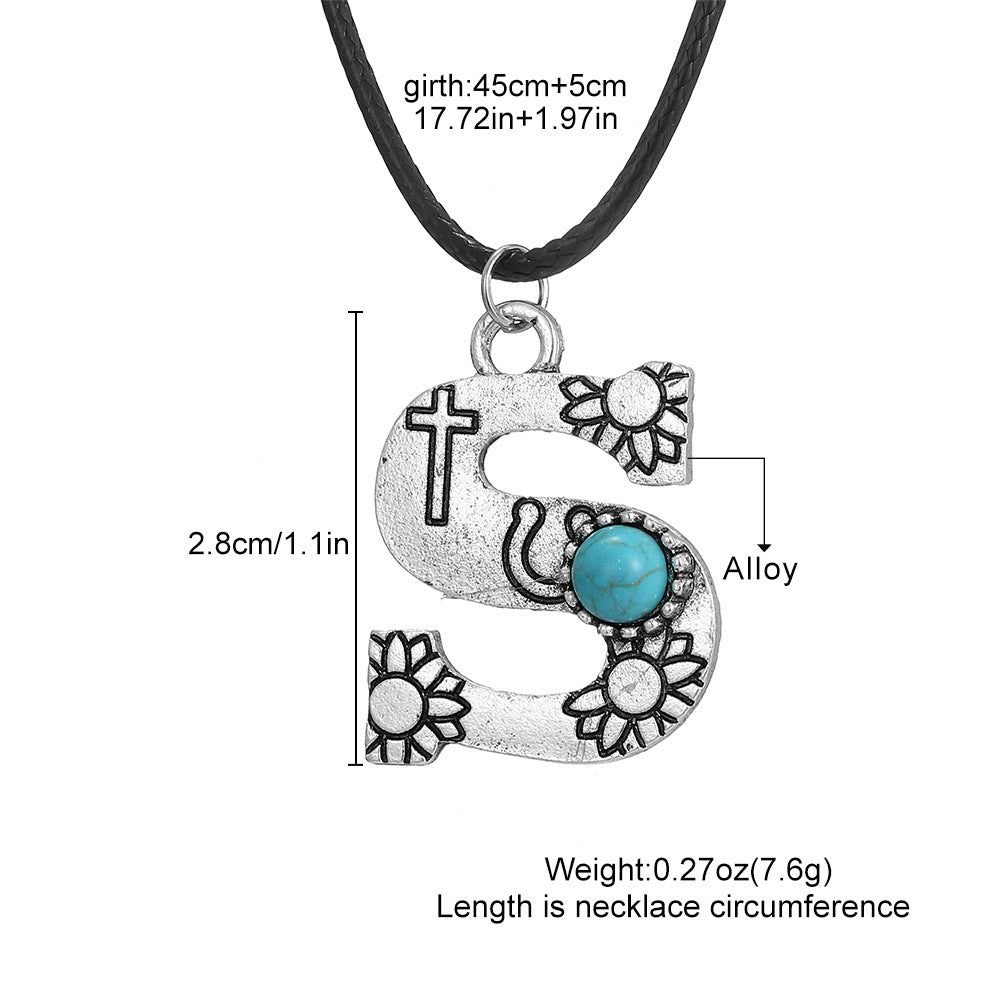 Wholesale English letter necklace western style cactus sunflower turquoise chain