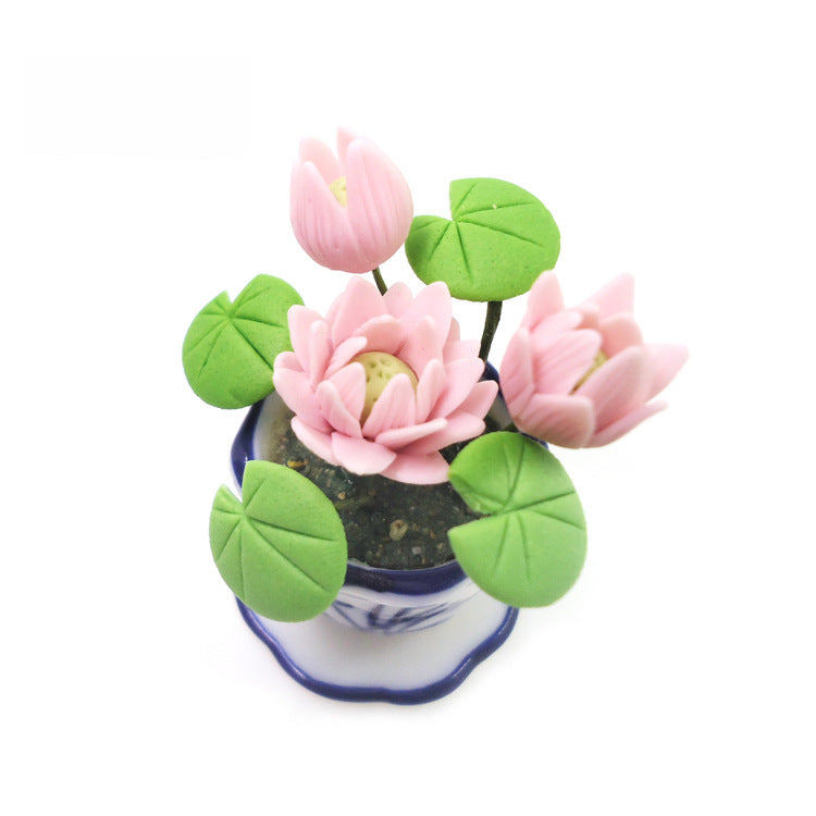 Wholesale 1:12 doll house accessories dollhouse mini craft flower bonsai clay flower ceramic pot Lotus Lotus model