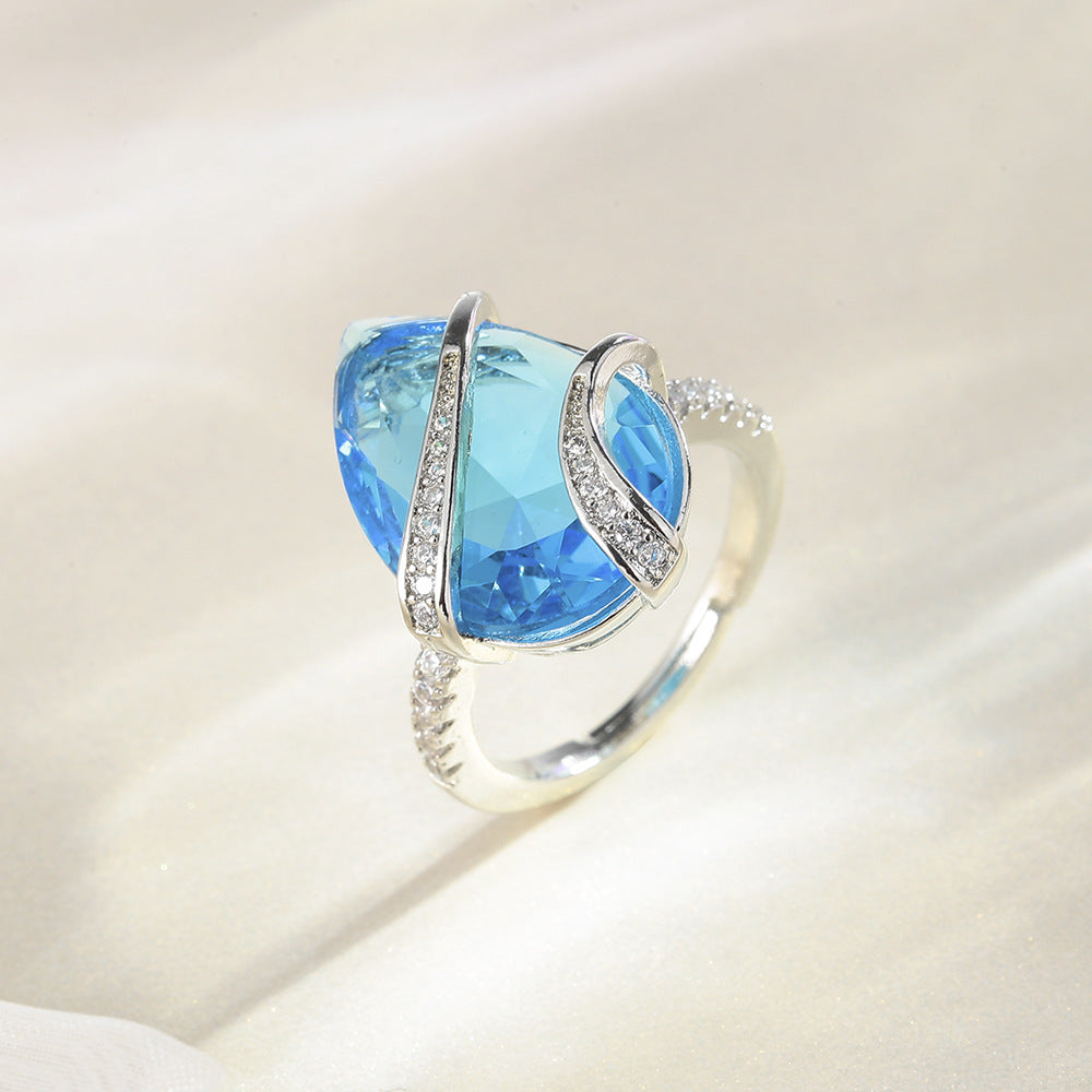 Wholesale Sea Blue Water Drop Zircon Copper Rings