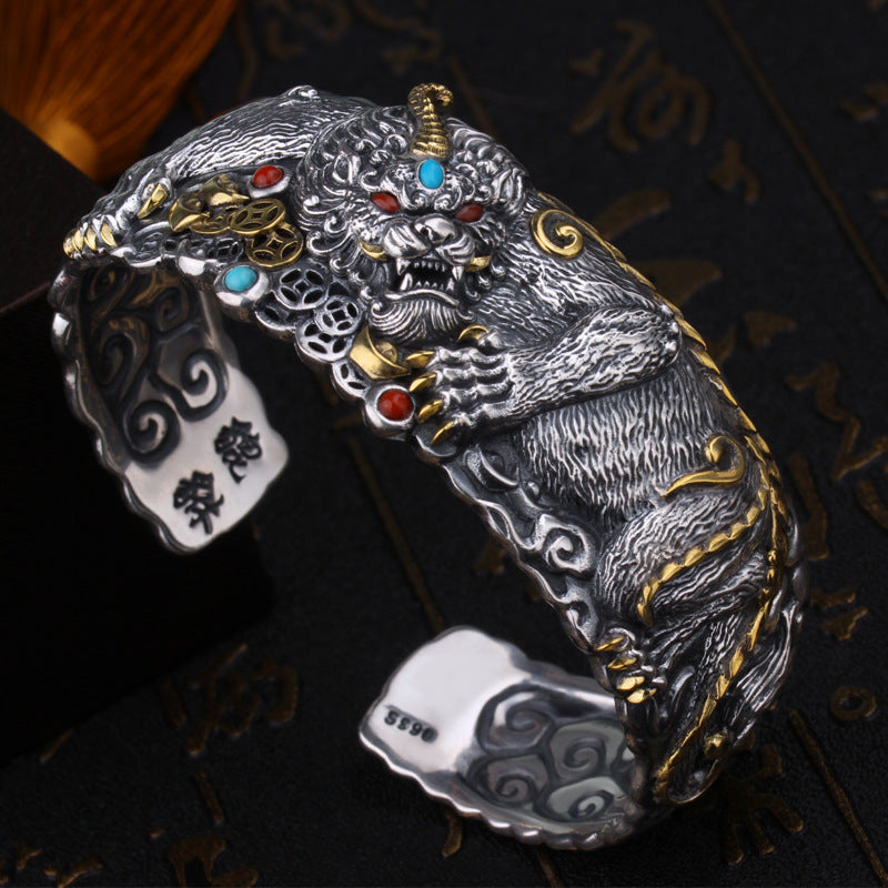 Wholesale Pixiu Wide Version Hand-Carved Rich Opening Metal Bracelet