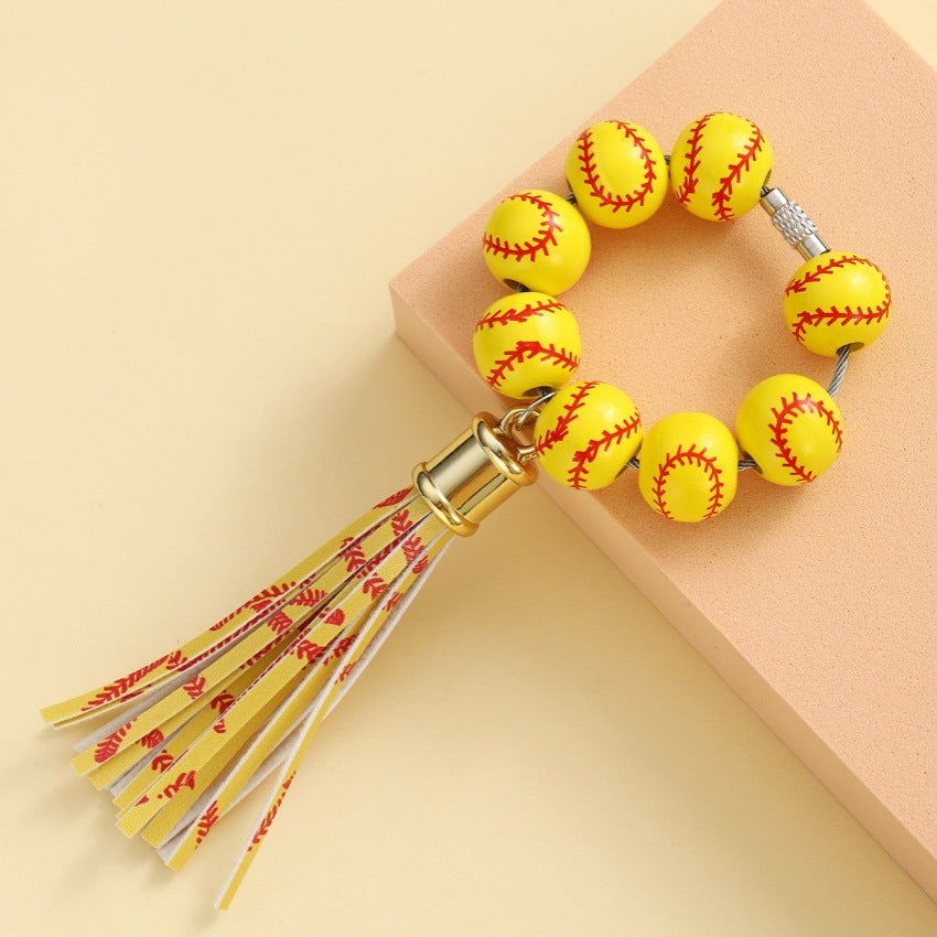 Wholesale Football Wooden Bead Bracelet Wrist Tassel Keychain