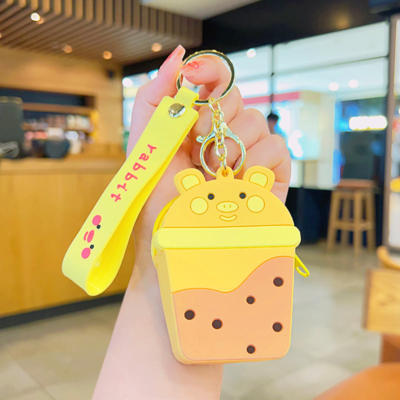 Wholesale Acrylic Cute Milk Tea Pig Silicone Coin Purse Keychain
