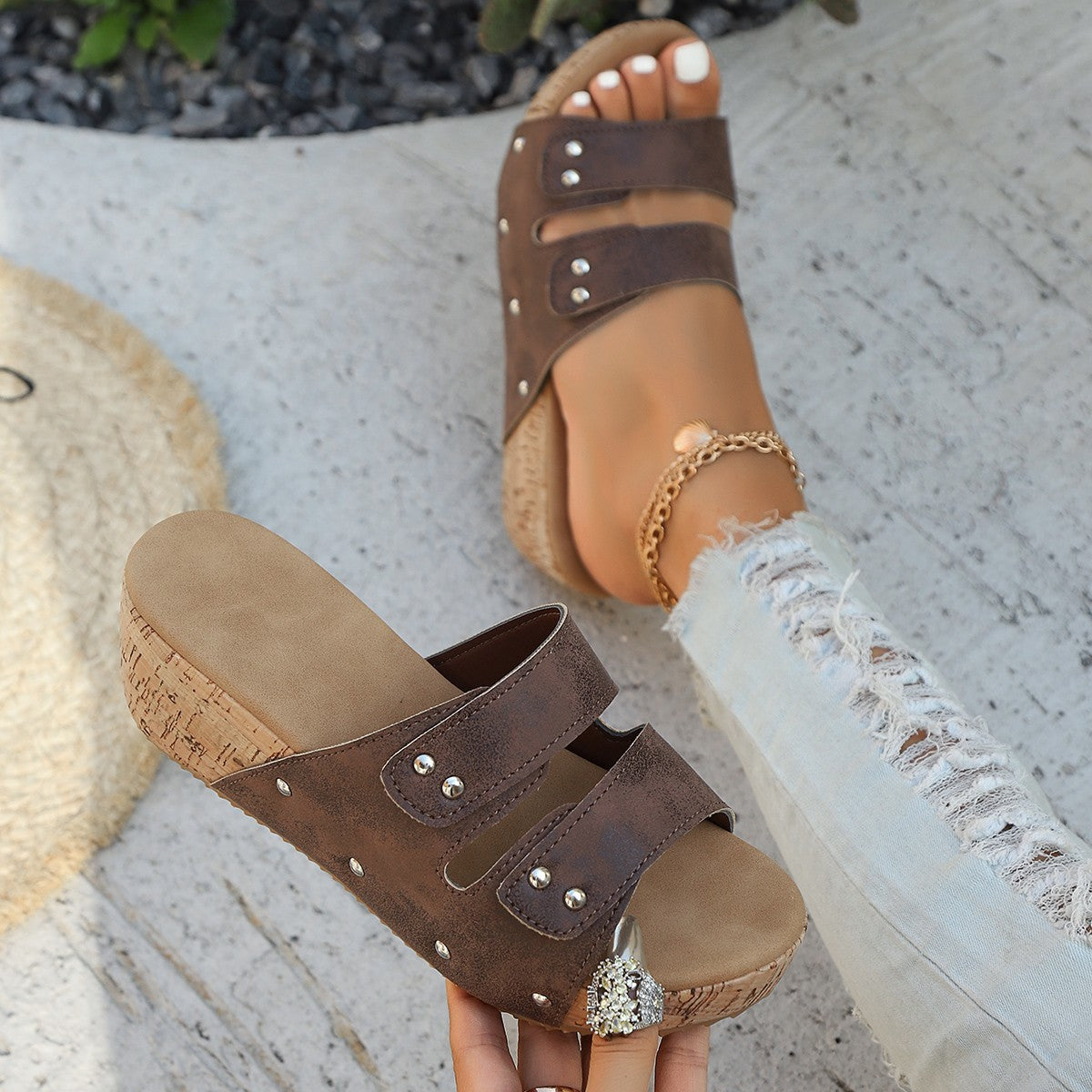 Wholesale women's spring muffin thick-soled wedge slippers