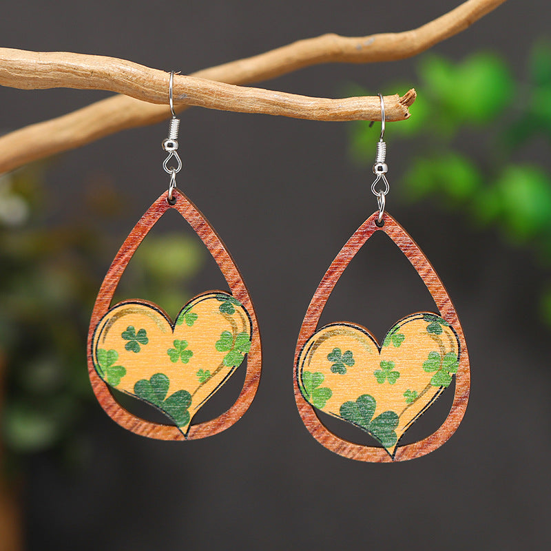 Wholesale Patrick's Day Four Leaf Clover Apple Water Drop Hollow Heart Wooden Earrings
