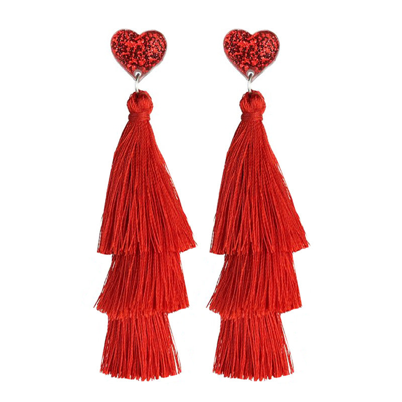 Wholesale   2pairs/pack Valentine' s Day Pink Multi-Layer Shiny Love Tassel  Earrings