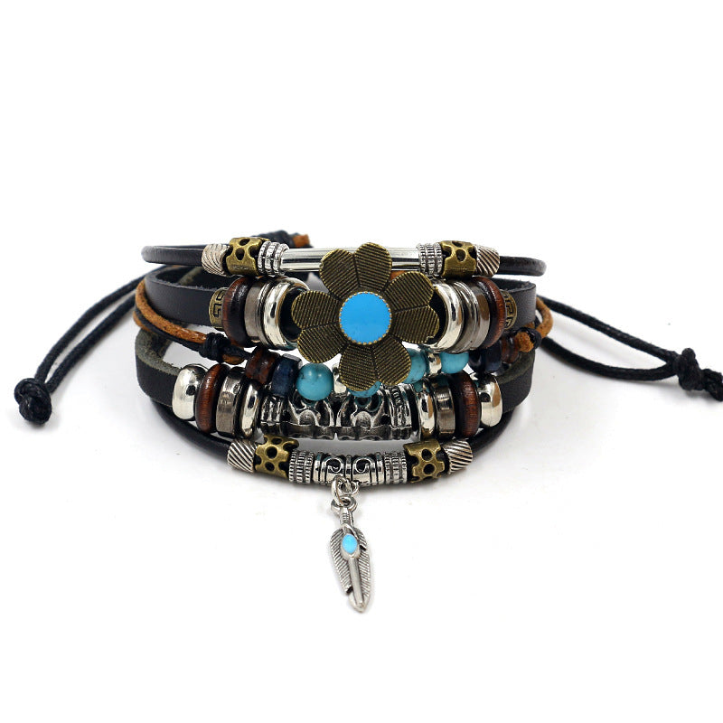 Wholesale Fashion Multi-layer Alloy Beaded Turquoise Braided Bracelet