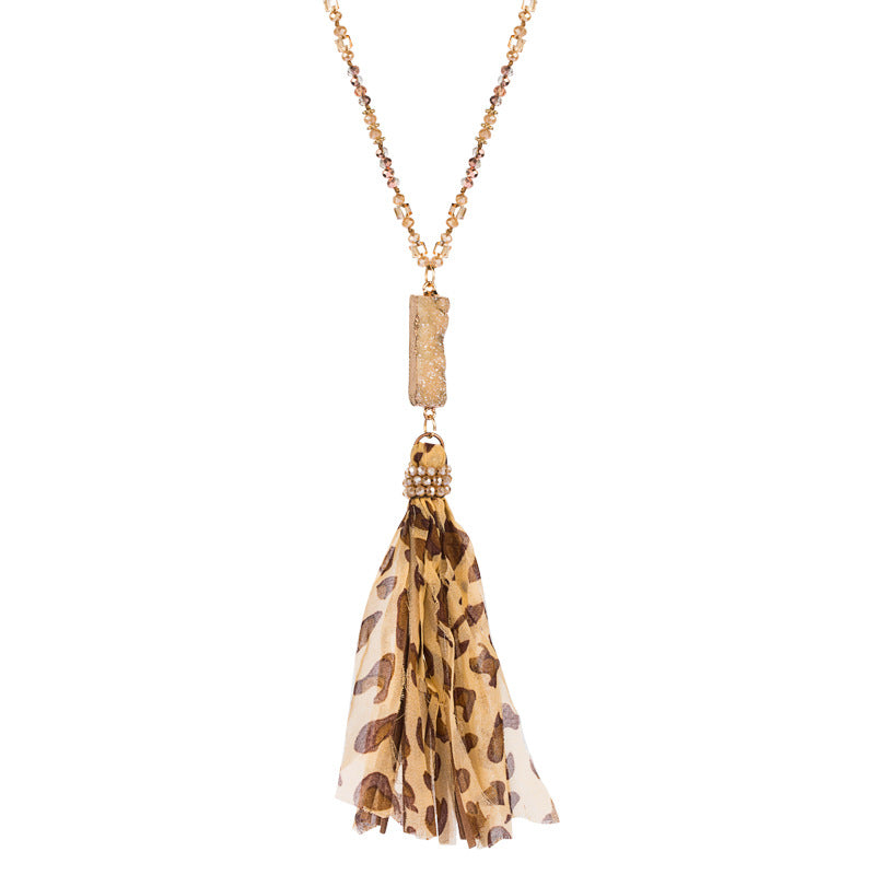 Wholesale Crystal Beaded Alloy Inlaid Natural Stone Leopard Print Tassel Sweater Chain