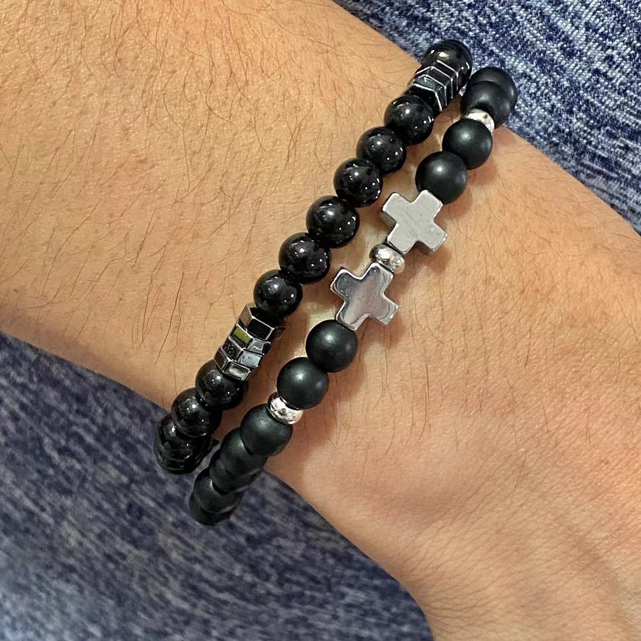 Wholesale New Men's Beaded Cross Bracelet Set