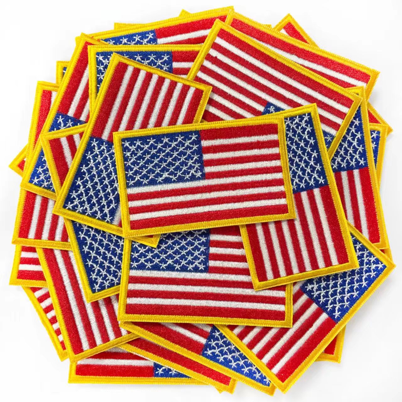 Wholesale Trendy Embroidered American Flag Patch With Gold Trim Hot Melt Adhesive Backing For Coats