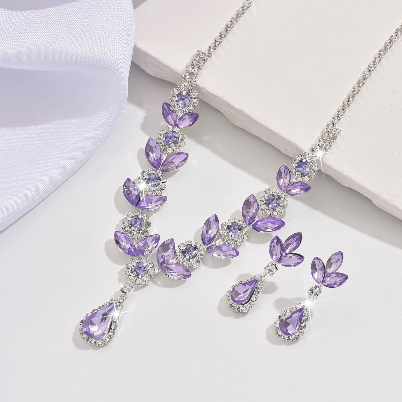 Wholesale Crystal Purple Rhinestone Necklace Earrings
