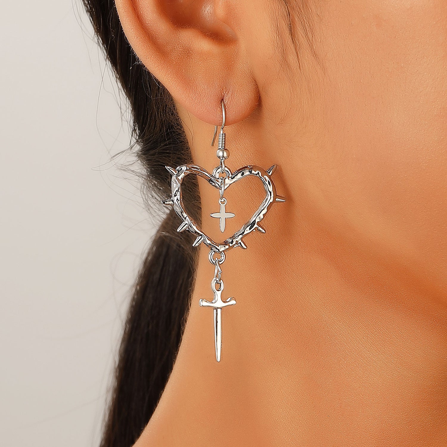 Wholesale Gothic thorn heart-shaped cross water drop punk earrings
