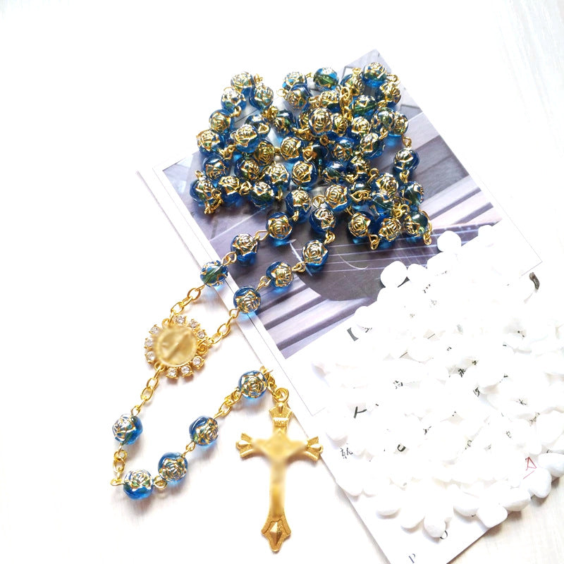 Wholesale Hand-strung Long Sweater Chain with Blue Gilt Rose Beads