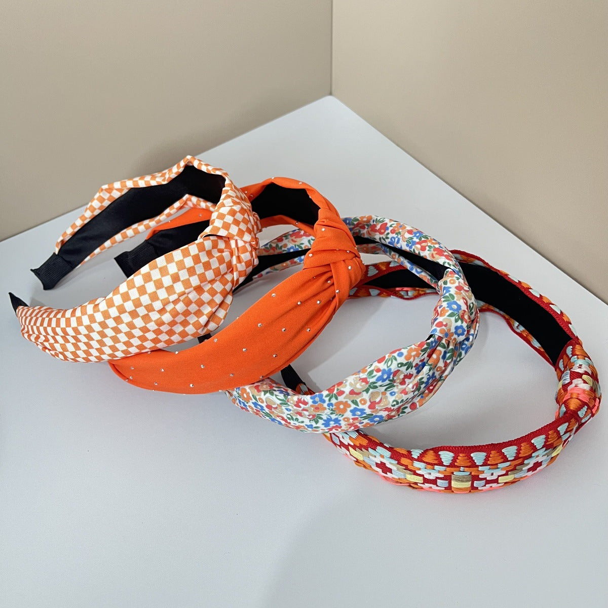 Wholesale Fabric Pure Flower Fruit Lemon Orange Cherry Wide Edge Knotted Headband Combination 4Pcs