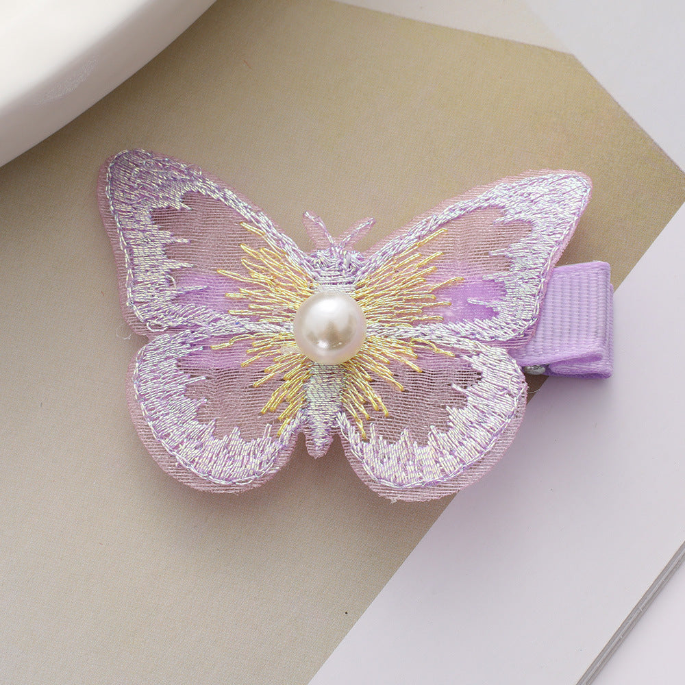 Wholesale fairy cute bangs clip phantom color double organza embroidery butterfly hair clip
