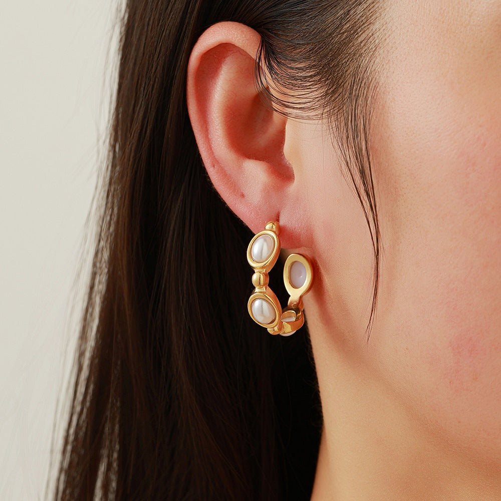 Wholesale Large C-shaped Stainless Steel Earrings with Imitation Pearls