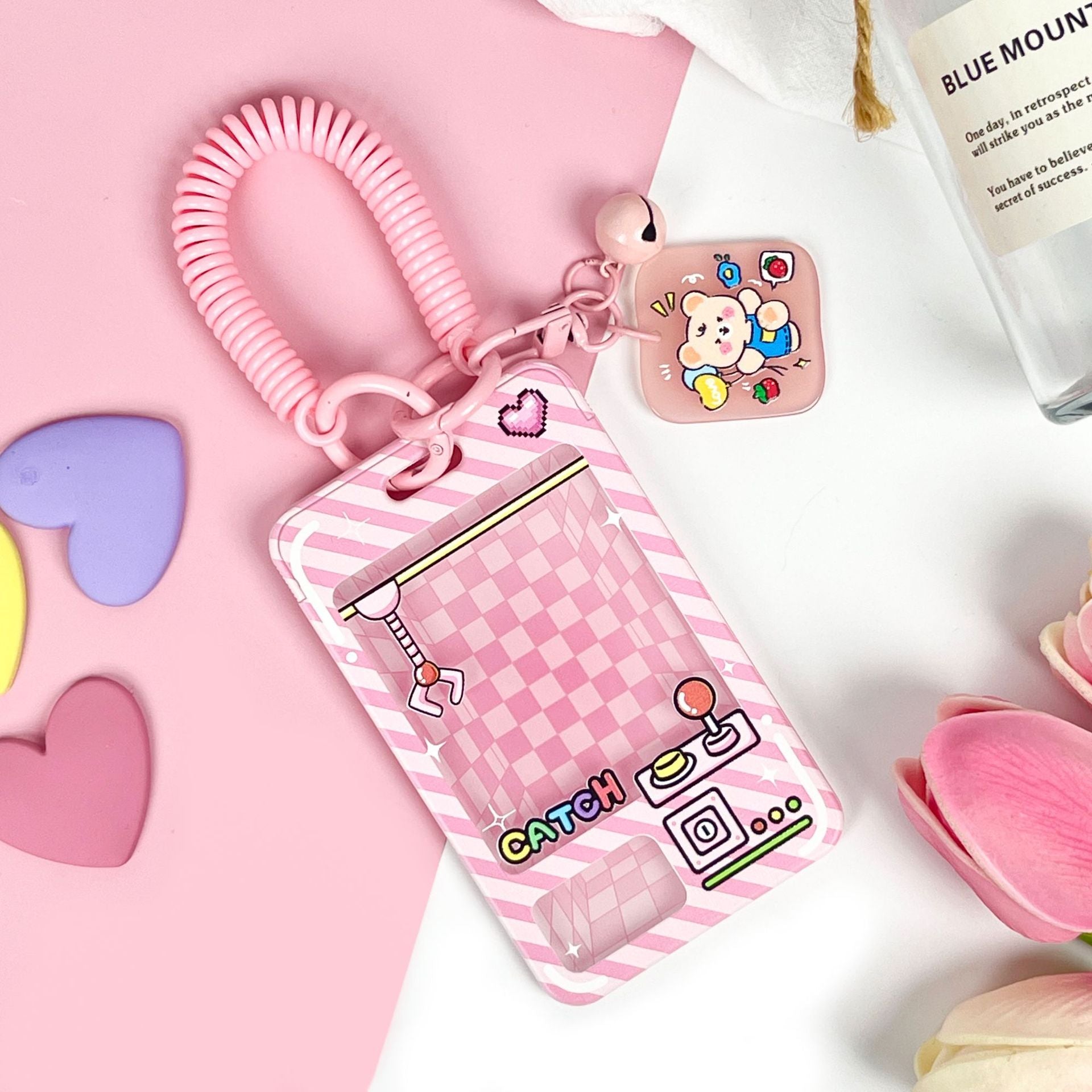 Wholesale latch type transparent card holder cartoon ID holder embossed bus card protective cover key chain