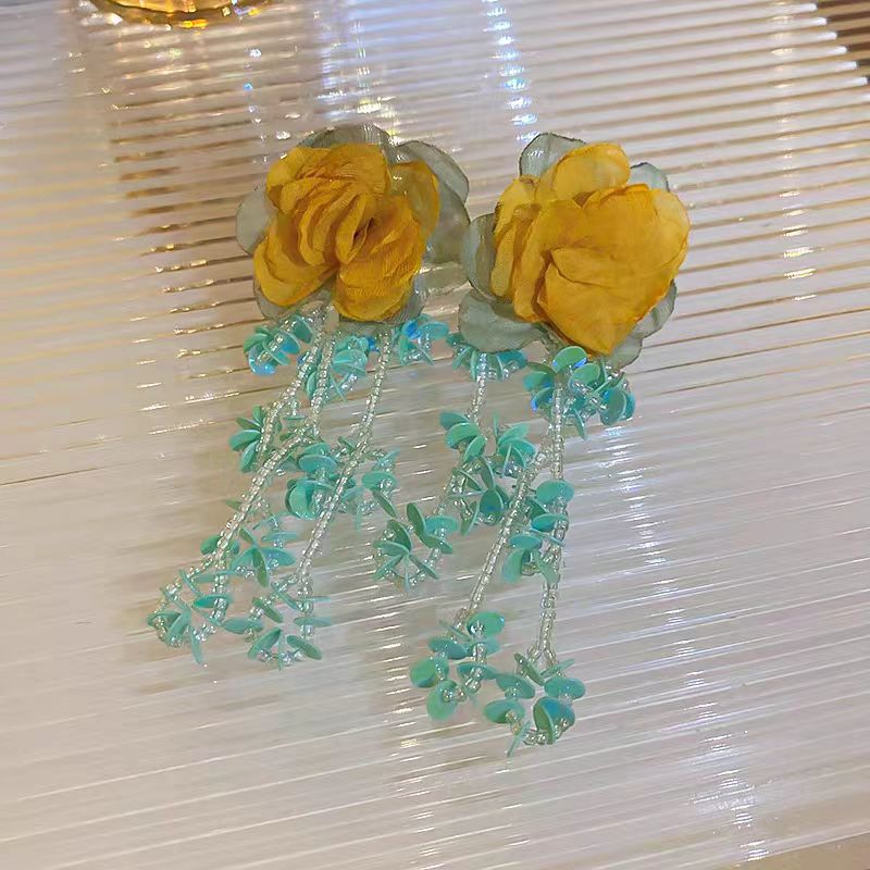 Wholesale Fabric flower super fairy handmade beaded fairy small fresh flower silver needle earrings