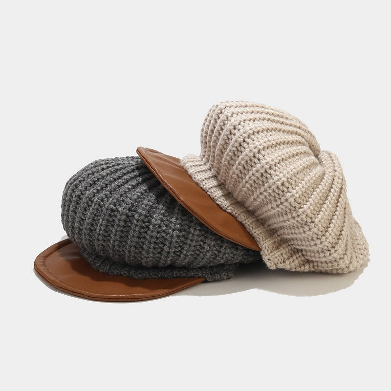 Wholesale Cotton Yarn Stitching Design Leather Knit Cap