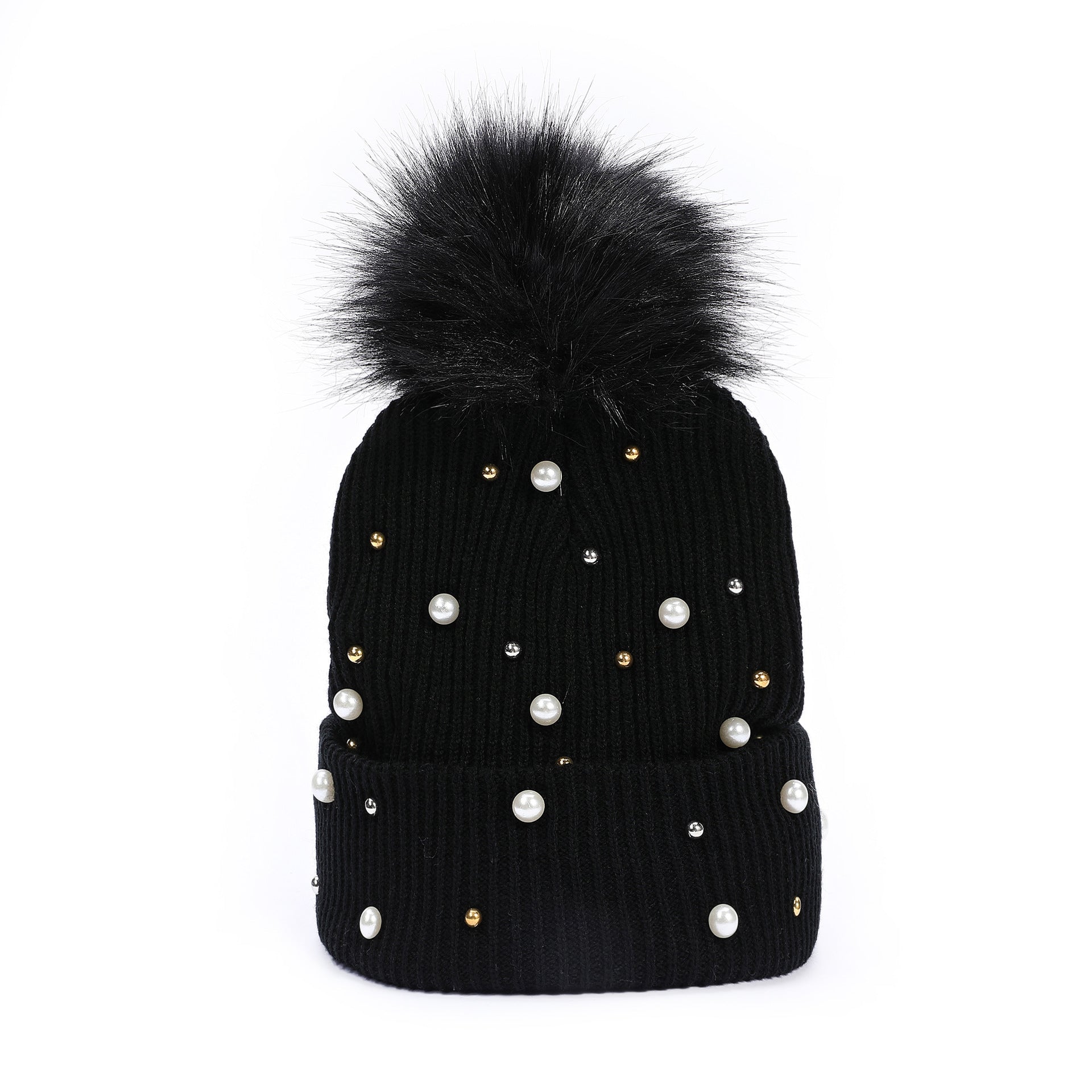 Wholesale Rivet Pearl Woolen Hat Fur Ball Cap Warm Hat
