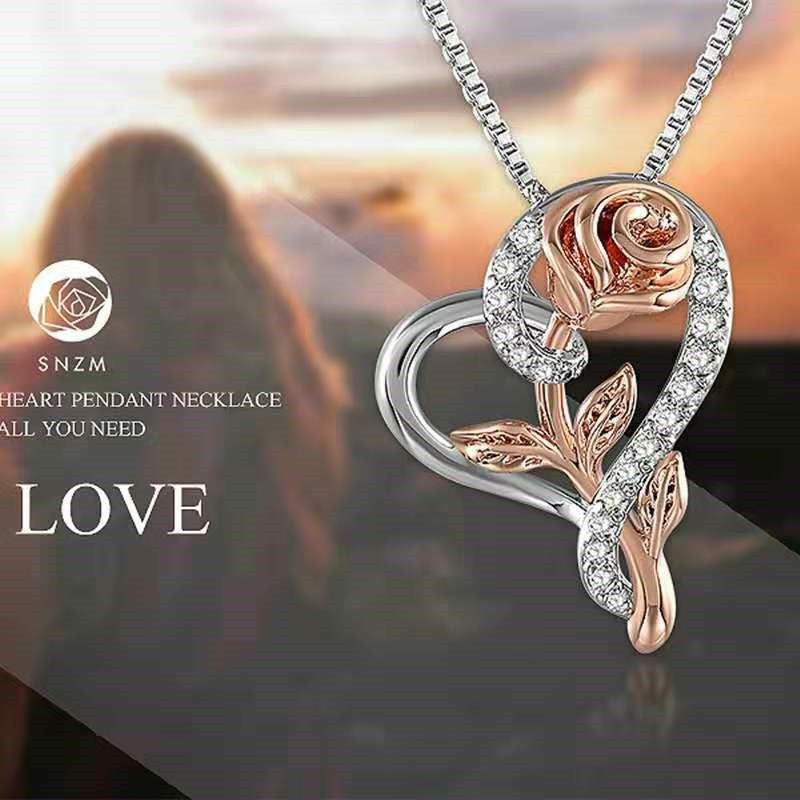 Wholesale Diamond studded heart-shaped rose necklace