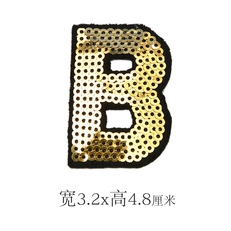 Wholesale Polyester Gold Sequin Alphabet Embroidered Patches For Coats Fashion Clothing Decorative Applique DIY Craft Supply