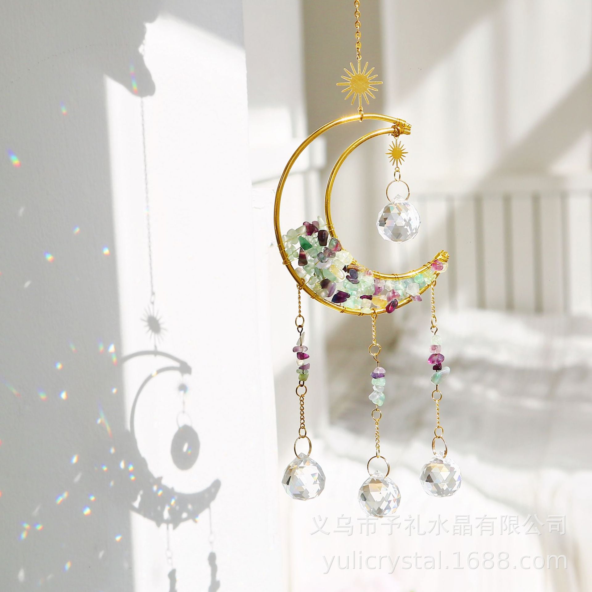 Wholesale Natural Gravel Moon Wind Chime Sun Catcher Pendant