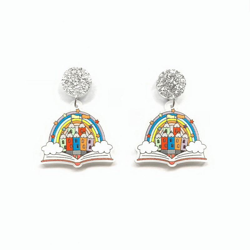 Wholesale Acrylic Printed Rainbow Book Color Crayon Castle Earrings